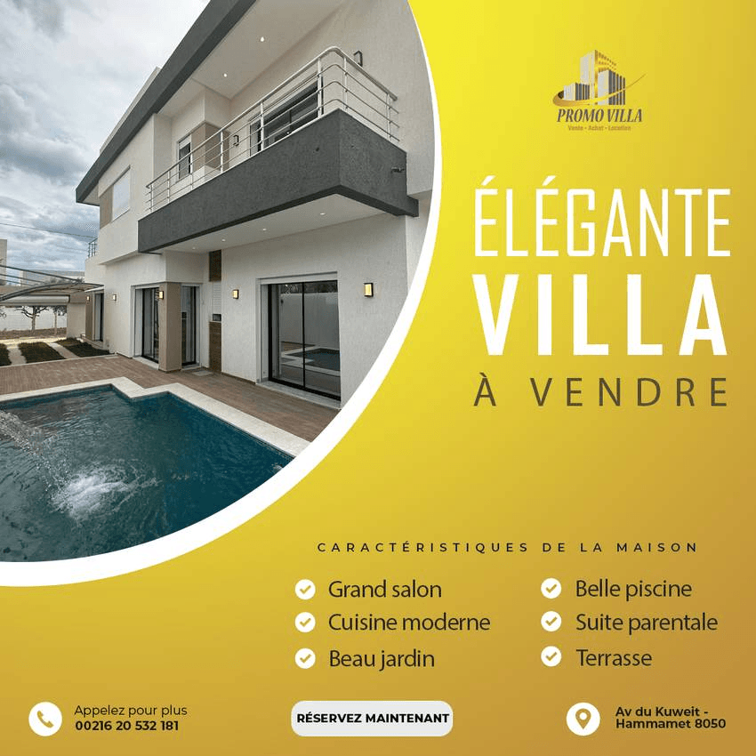 villa moderne avec piscine à hammamet, face à l'hôtel ribat
